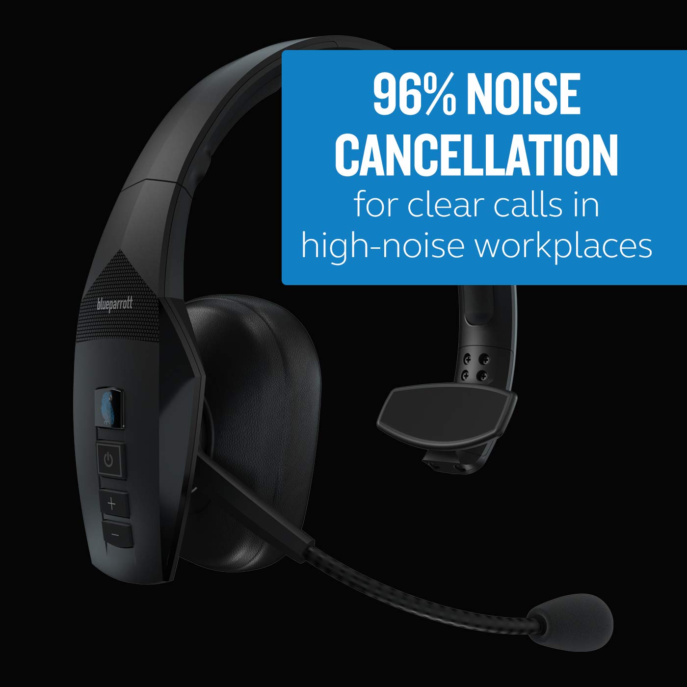 BlueParrott B550-XT Mono Bluetooth Wireless Headphones 96% Noise Canceling Over Head Trucker Headset with Mic, 100% Voice Control, IP54-Rated Protection, 24 hrs. Talk Time, Black