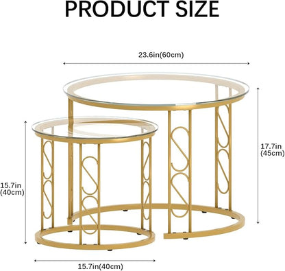 Garden 4 you Nesting Coffee Table, 23.6" Round Coffee Table Set of 2, Glass Nesting Table with Metal Frame, Ceter Tables for Living Room Bedroom Balcony, Gold