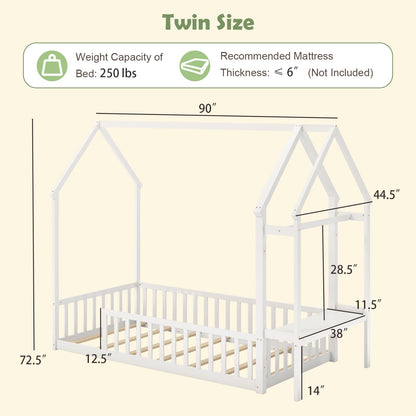 Giantex Twin House Floor Bed, Solid Wood Montessori Bed with Detachable Storage Shelf, Clothes Hanger & Guardrails, Twin Beds for Kids Teens, Girls & Boys