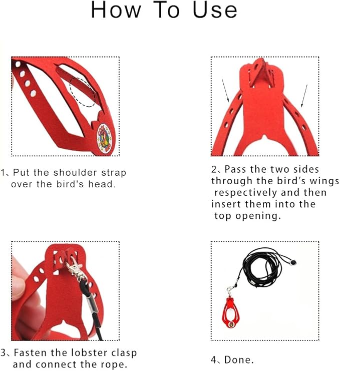 Adjustable Bird Harness & Leash Set for Small Birds,FitsBudgie,Parakeets, Conures, Cockatiels,Green Cheek,Quaker Parrots(Red, S+) Z6350-5