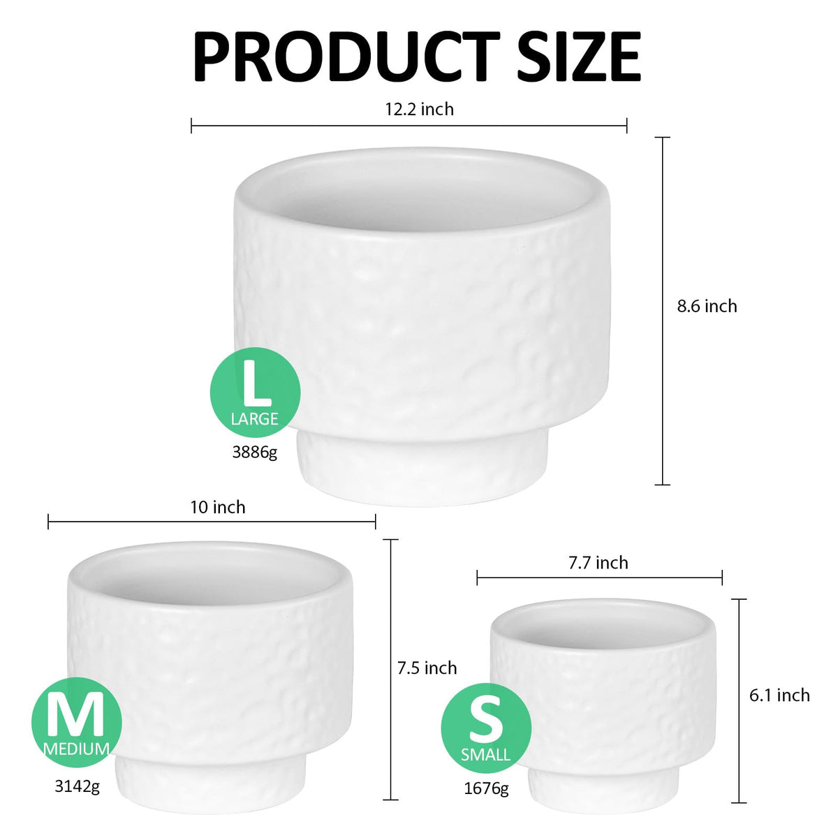 OXART 12.2+10+7.7 inch Ceramic Pots for Plants, Flower Pots for Indoor Plants with Drainage Hole, Round Large Plant Pots, Thick-Walled Ceramic Planters for Home Office, Set of 3, White