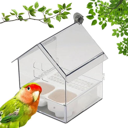 Pull-Out External Parrot Feeder, Hanging Wild Bird Seed with Squirrel Proof Tray, Acrylic Transparent Bird Bath Tub, Easy to Refill and Clean, Food Dispenser for Balcony Garden Fence (White)
