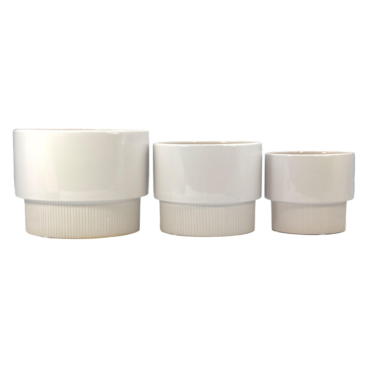 Galt International Set of 3 (8", 10", 12") Mid Century Modern Off White Flat Ribbed Ceramic Planter Pots Flower Pot Indoor House Plants Decor w/Drainage Hole & Plug