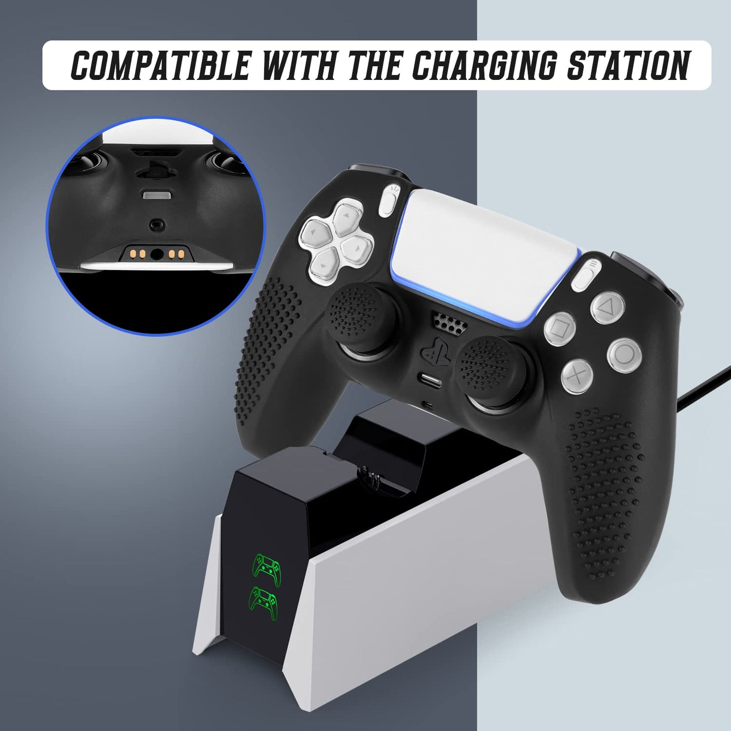 FAMOMI PS5 Controller Skin, Anti-Slip Soft Silicone Protective Cover Case for PlayStation 5 Controller Grip Accessories, 2 Pack with 8 x Thumb Grip Caps (Black&Black)