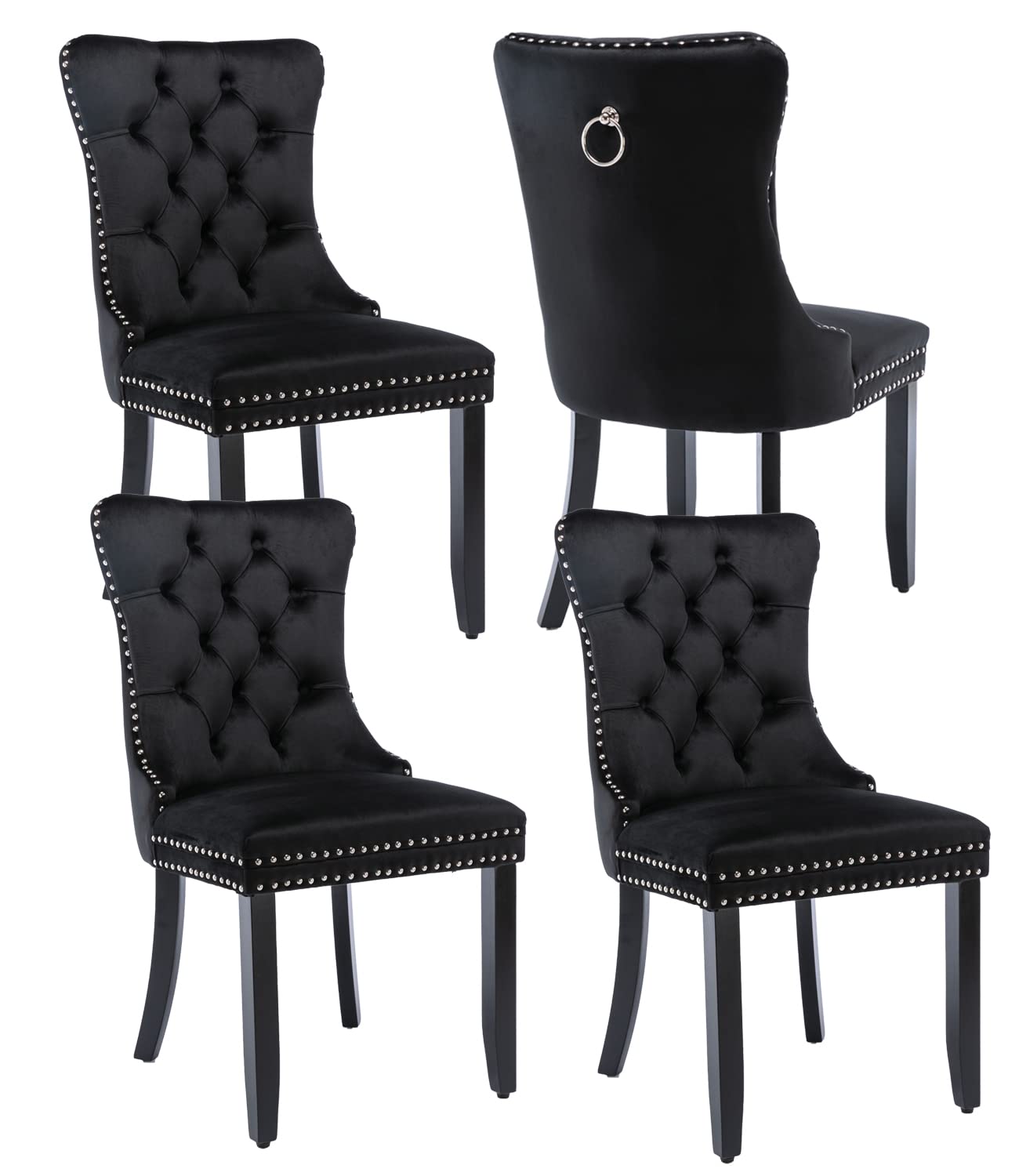 Shenyon Black Velvet Dining Chairs Set of 4, Upholstered Dining Room Chairs with Back Ring Pull Trim and Solid Wood Legs,Modern Dining Chairs Perfect for Dining Room,Living Room,Kitchen(Black)