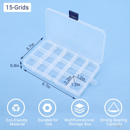 Cosics Rhinestone Organizer Storage Box, 4PCS 15-Grid Small Clear Plastic Jewelry Case, Empty Container Dividers for Nail Art Craft Accessory, Display Holder for Fishing Tackle, Bead, Charms, Sewing