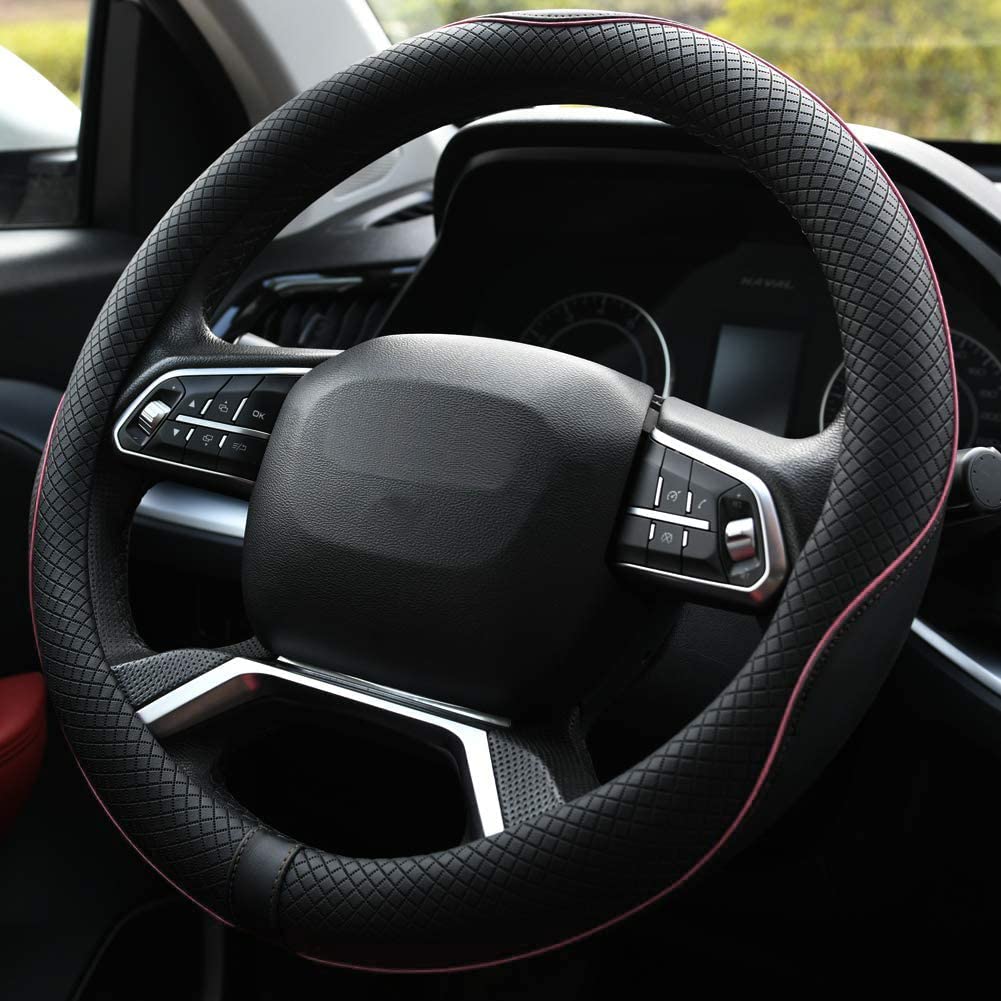 Rueesh Microfiber Leather Steering Wheel Cover Anti-Slip Matte Finish Auto Car Wheel Cover Universal 15 Inch Wheel Cover for Car Embossing Pattern (Pink Line)