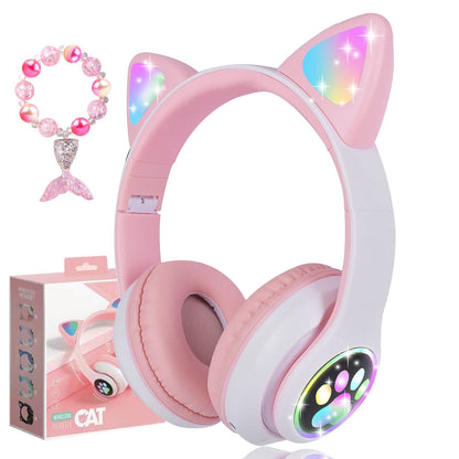 kuyaon Wireless Headphones for Kids, Cat Ear LED Light Up Bluetooth Kids Headphones with Microphone for School/Travel/Sports/Gaming/Gifts/Christmas (Pink)