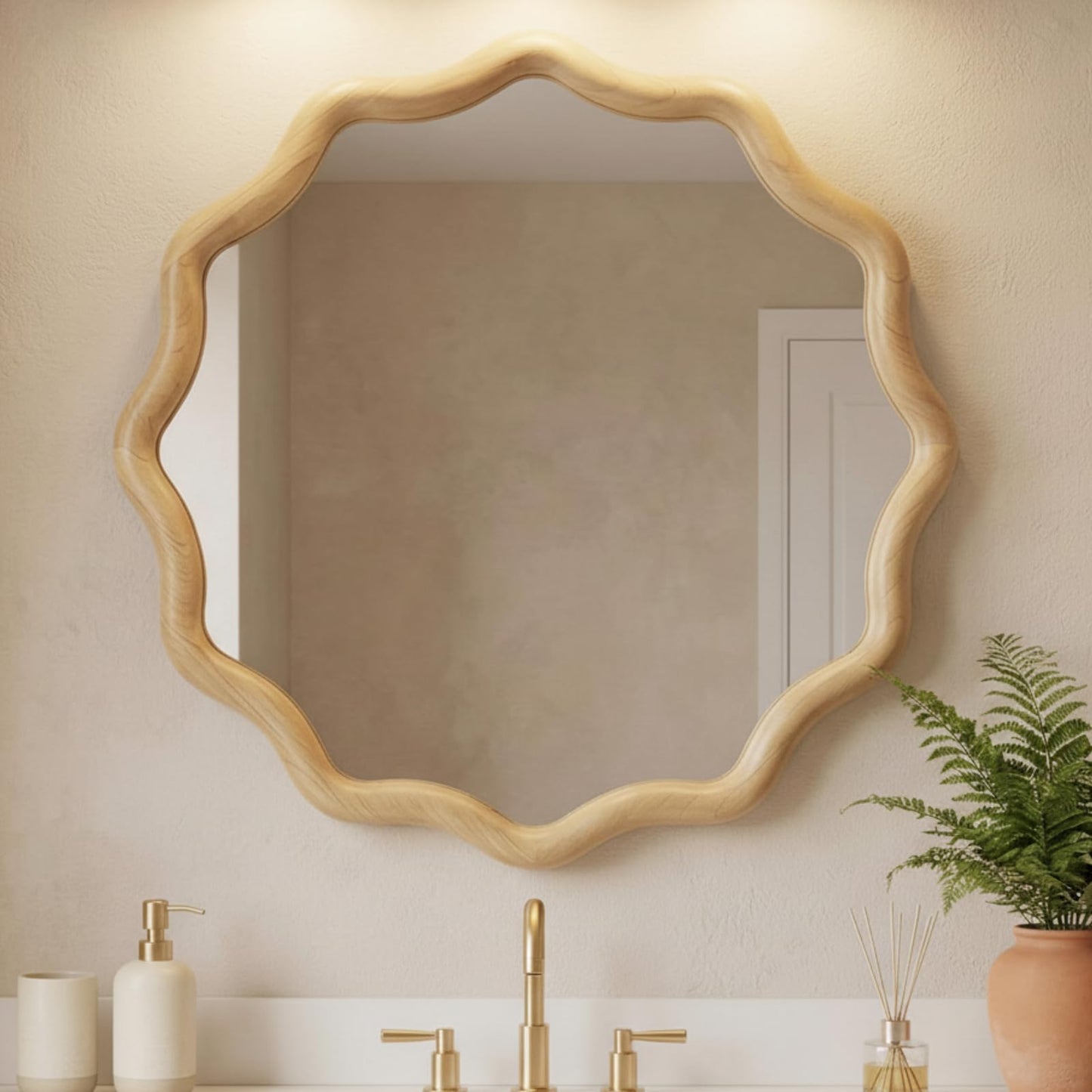 Vercraft 24 Inch Scalloped Wooden Bathroom Round Circle Mirror for Wall, Boho Wavy with Tempered Glass, Natural Frame Hanging for Bedroom, Living Room, Entryway, Farmhouse (Natural Wood Color)