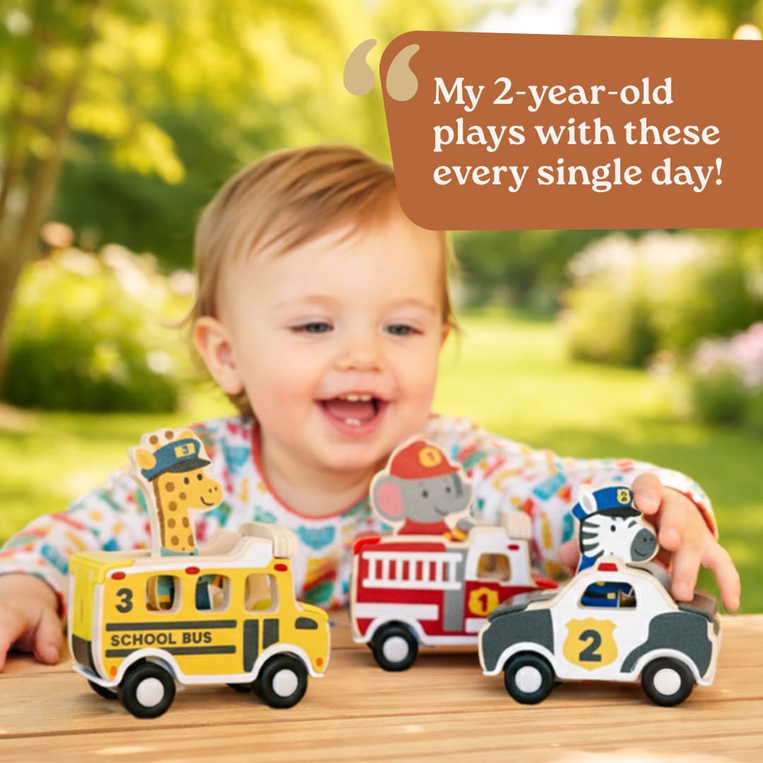 Little Acorn, Wooden Pull Back Cars with Mix & Match Characters | Montessori Toys for 1 & 2 Year Old | Car Toys for Toddlers 1-3 | Baby Toys 6-12 Months | Birthday Gifts for Boys Girls