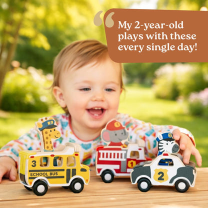 Little Acorn, Wooden Pull Back Cars with Mix & Match Characters | Montessori Toys for 1 & 2 Year Old | Car Toys for Toddlers 1-3 | Baby Toys 6-12 Months | Birthday Gifts for Boys Girls