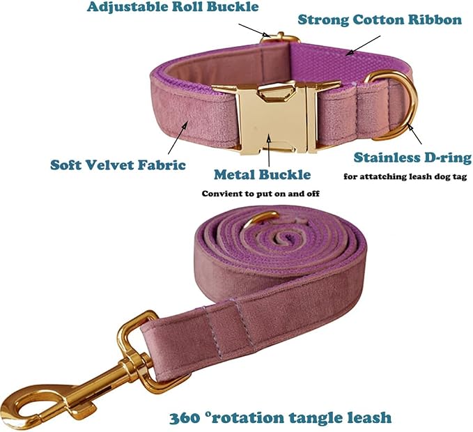 Love Dream Velvet Dog Collar and Leash Set, Soft & Comfy Adjustable Dog Leash and Collar with Heavy Duty Metal Buckle for Small Medium Large Dogs Training & Walking (Small, Light Purple)