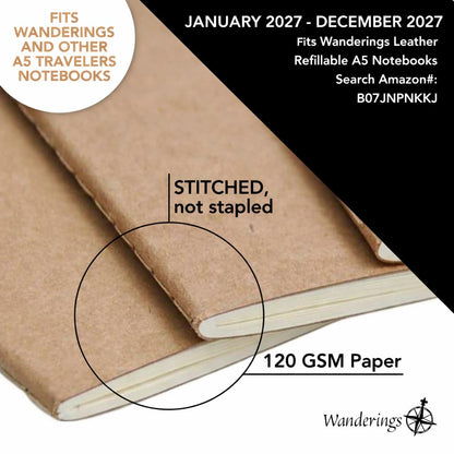 Wanderings A5 Traveler's Notebook Calendar Refill Inserts - 5.8''x 8.4'' (14.2cm x 21 cm) - January 2027 - December 2027 - A5 Calendar Planner Refills For Leather Travel Journals, Diaries and Planners