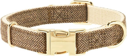 Luxury Soft Cotton Tweed Fabric Dog Collar & Leash Set with Gold Buckle – Durable Fabric, Stylish Design for Everyday Walks(Large Coffee)