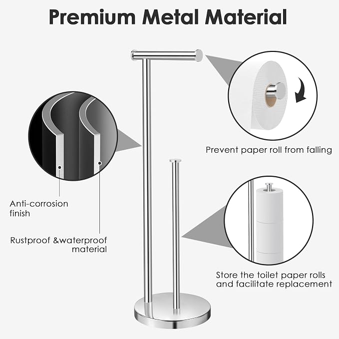 Toilet Paper Holder Stand, Bathroom Toilet Paper Stand with Large Reserve, Non Tipping Weighted Free Standing Toilet Paper Holder, Rustproof & Anti-Corrosion Chrome Toilet Paper Holder Free Standing