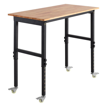 VEVOR Adjustable Workbench on Wheels, 1500 lbs Capacity, 48 x 24 Inch Oak Wood Top Workbench with 28.5-42.3 Inch Height Adjustment, Heavy-Duty Hardwood Worktable for Garage, Workshop, Home, Office