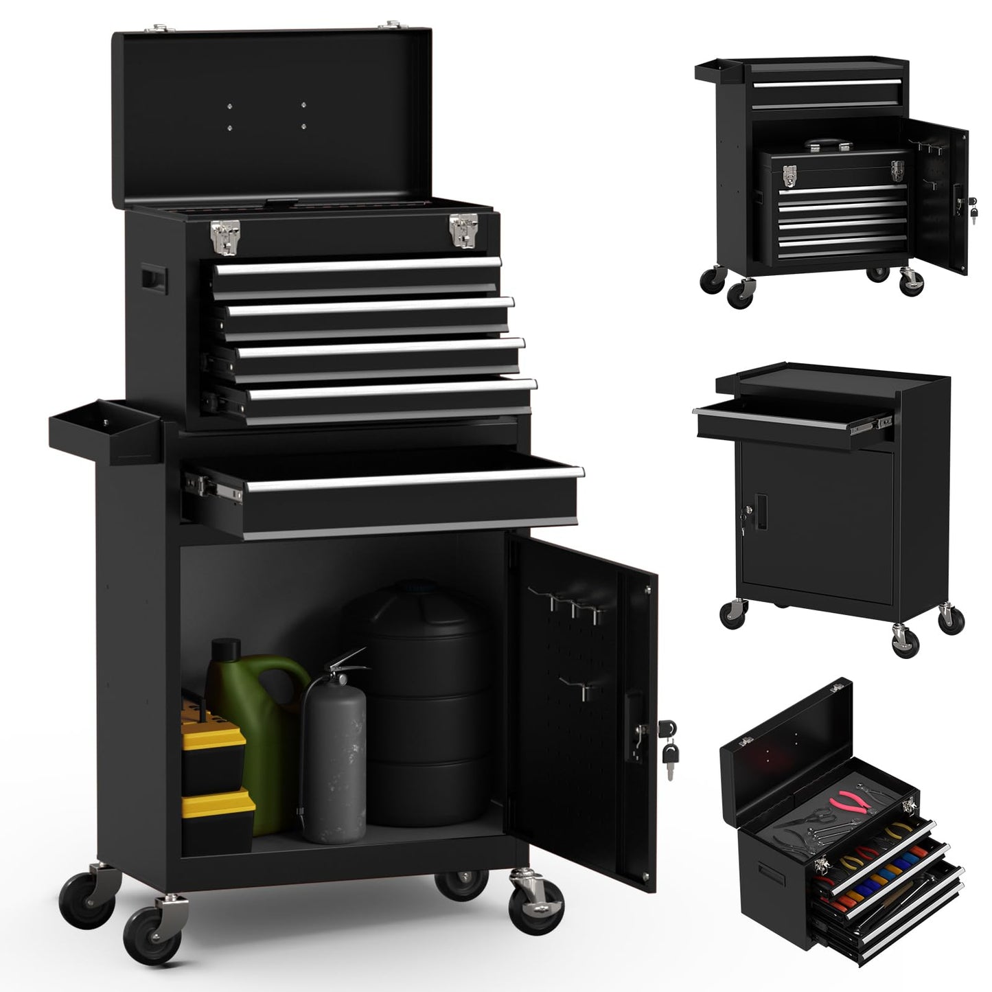 Granper 5-Drawer High Capacity Rolling Tool Box, Removable Cabinet Storage Tool Chest with Wheels and Drawers, Detachable Toolbox with Lock for Mechanics Garage Workshop and Tool Room (Black)