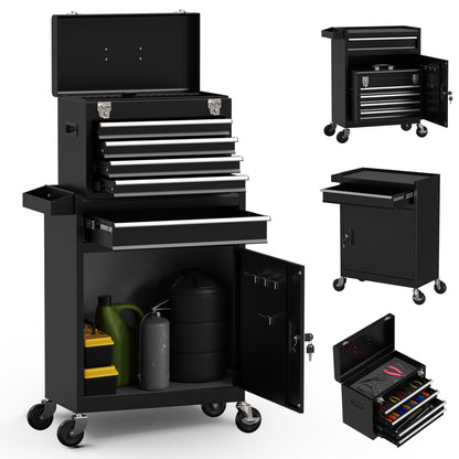 Granper 5-Drawer High Capacity Rolling Tool Box, Removable Cabinet Storage Tool Chest with Wheels and Drawers, Detachable Toolbox with Lock for Mechanics Garage Workshop and Tool Room (Black)