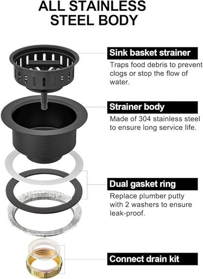 BOTEMY B9171 Black Kitchen Sink Drain Kit 3 1/2 Strainer