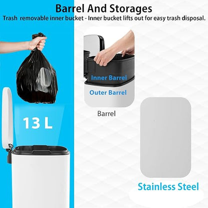 BestMassage 13 Gallon (50L) Stainless Steel Trash Can with Lid, Removable Inner Bucket, Foot Pedal, Soft Close for Home, Kitchen, Office