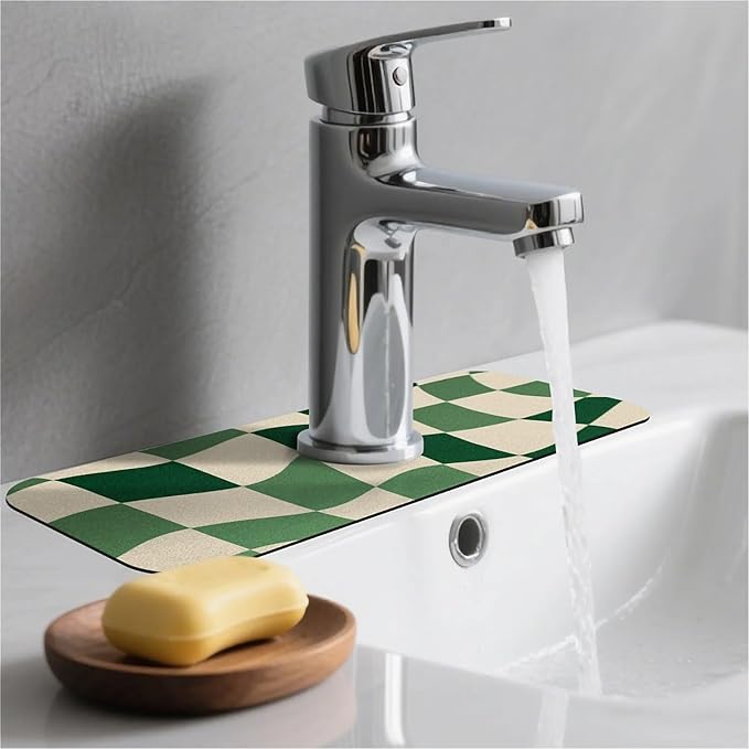 Kitchen Sink Splash Guard，Green-and cream checkered Faucet Mat Sink