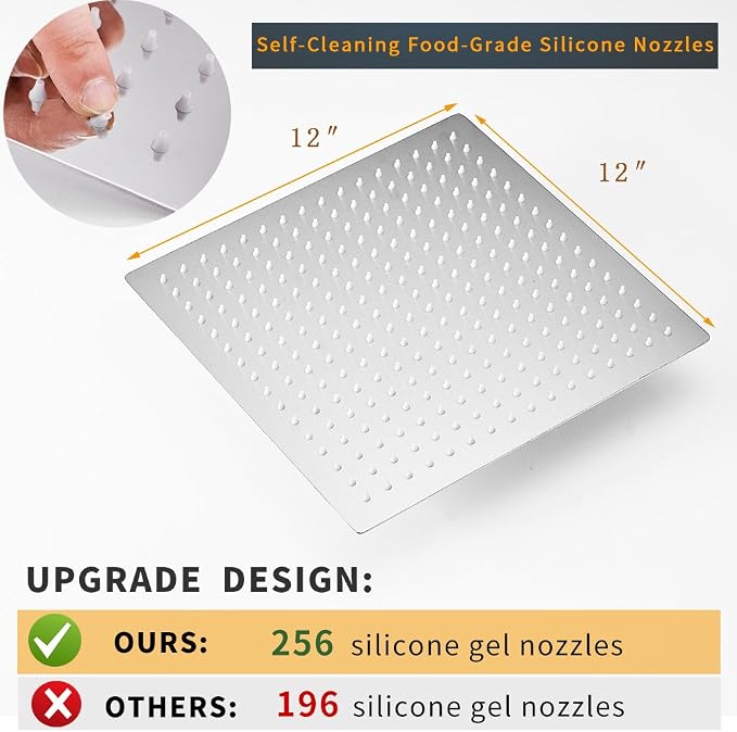 BESy 12 Inch Rain Shower Head, 12" Square Rainfall & High Pressure Stainless Steel Bath Shower Head, 1/16" Ultra Thin, Waterfall Full Body Coverage with Silicone Nozzle, Polished Chrome