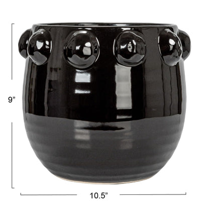 Creative Co-Op Round Terra-Cotta Planter with Raised Dots Design, Black