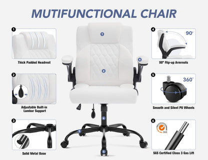 Office Chair with Adjustable Inflatable Lumbar Support,Leather Ergonomic Computer Desk Chair with Flip-up Arms,Adjustable Tilt Lock,Swivel Rolling Executive PC Chair for Work,Study,Meeting.White