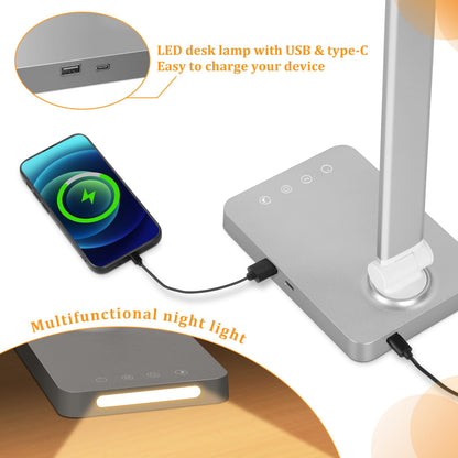 LED Desk Lamp with USB Ports,Touch Desk Lamps for Home Office with 5 Color Modes,3 Brightness Desk Light with Small Night Light,Reading Lamp Table Lamp for Bedroom Bedside Study Black （with adapter）
