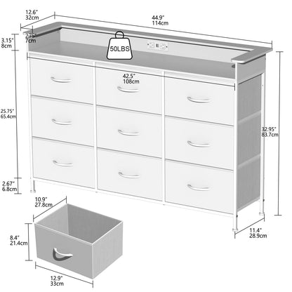 EXOTICA White Dresser with LED Light for Bedroom 9 Drawer Dressers with Charging Station Chests of Drawers for Entryway Closet Living Room Hallway Sturdy Steel Frame Wooden Top Easy Pull Handle