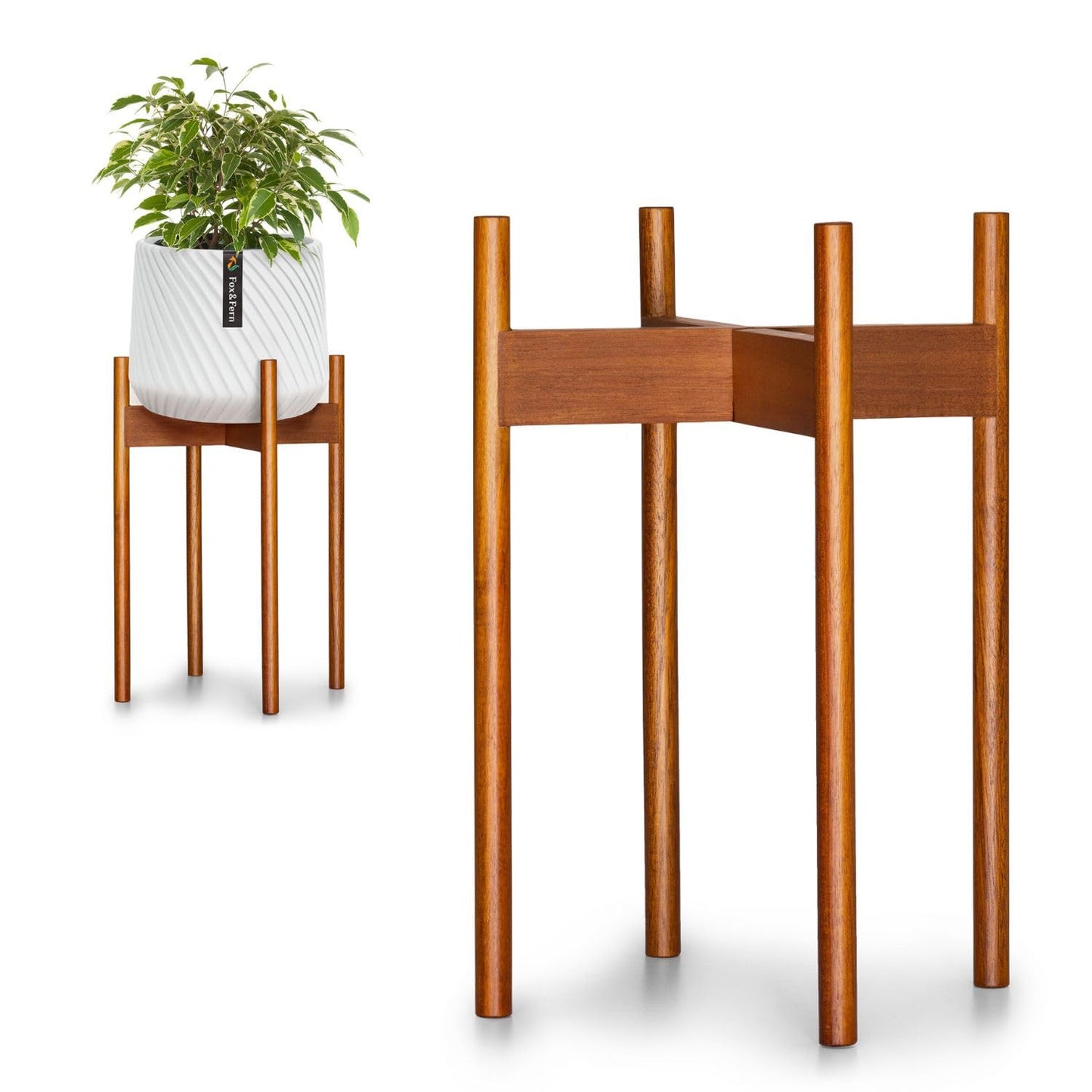 Fox & Fern Mid Century Tall Plant Stand — 10 Inch Fixed Size Raised Wooden Plant Stand for Indoor Planters (Not Included); Modern Flower Pot Holder with Plug In Design; Easy to Assemble - Acacia