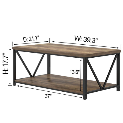FOLUBAN Coffee Table with Storage Shelf, Modern Industrial Metal and Wood Living Room Table, Small Rectangle Cocktail Tea Table for Bedroom Home Office, Rustic Oak, 39.3 Inch