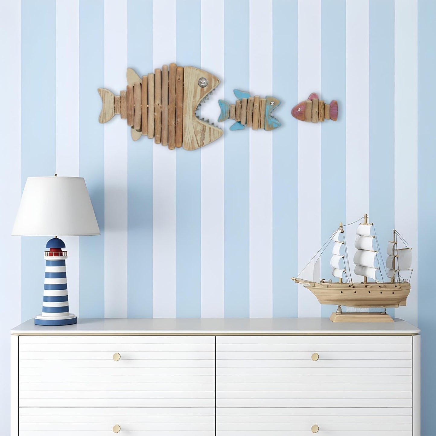 Driftwood Fish 3-in-1 Nautical Wall Decor - Handmade Wooden Rustic Coastal Wall Art for Living Room, Bedroom, Office, Bathroom - Ocean Beach Decoration (Skelly)