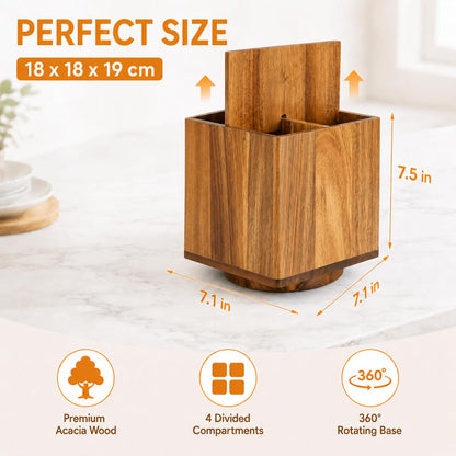 LIGOMEDA Acacia Wood Rotating Utensil Holder for Kitchen Counter – 360° Large Wooden Organizer with 4 Compartments, Farmhouse Kitchen Countertop Storage for Cooking Utensils