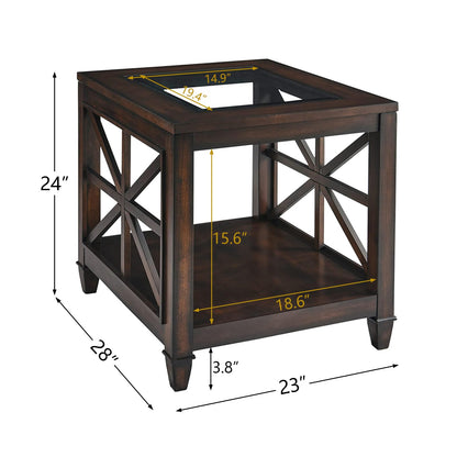 BAXMUY Solid Wood End Table with Tempered Glass Top, 28" x 24" Large Farmhouse Side Table for Living Room, Bedroom & Office, Vintage Walnut
