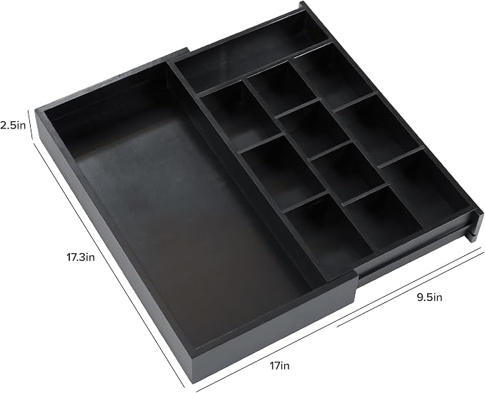 KitchenEdge Tea Bag and Coffee Pod Kitchen Drawer Organizer, Expandable 9.7 to 17 Inches, 10 Storage Compartments, Adjustable Wall Inserts, Non-Slip Feet, Food-Safe Black Finish, 100% Bamboo Wood