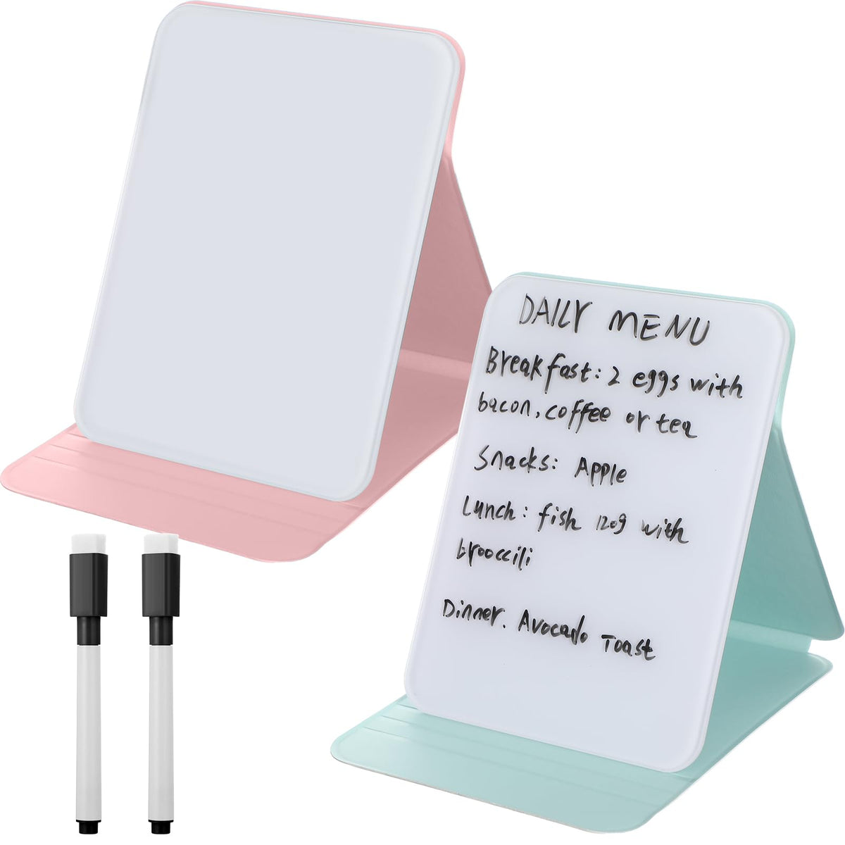 Dunzoom 2 Sets 4 Pcs Small Glass Desktop Whiteboard with Reversable Stand 8x6 Inch Mini Dry Erase White Board Easel with 2 Markers Reusable Desk Notepad for Home Office School Supplies (Pink,Green)