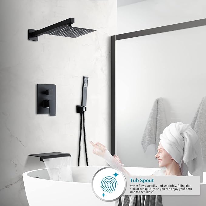 Matte Black Shower Faucet Set with Tub Spout 10 Inch, Shower Head and Handle with 2 Hooks, Tub and Shower Faucet Combo, Rain Shower and Handheld Shower System Square Wall Mount for Bathroom