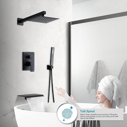 Matte Black Shower Faucet Set with Tub Spout 10 Inch, Shower Head and Handle with 2 Hooks, Tub and Shower Faucet Combo, Rain Shower and Handheld Shower System Square Wall Mount for Bathroom