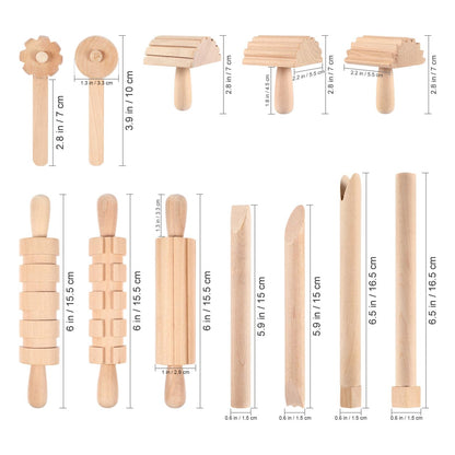 Kisangel Wooden Play Dough Tools Set of 12 for Kids - Pottery Texture Rollers & Clay Stamps - Natural Wood Sculpting & Molding Toys for Toddlers Arts and Crafts