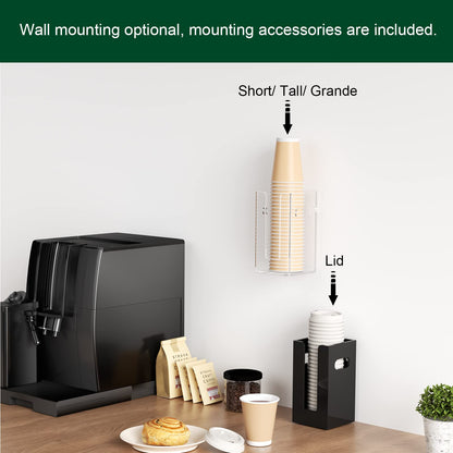 BOSSCASA Disposable Coffee Cup Dispenser with Handles, Countertop or Wall Mount Hot/Cold Drink Cup and Lid Holder - Bathroom/Kitchen/Office Acrylic Cup Lid Storage Organizer (1 Compartment, Clear)