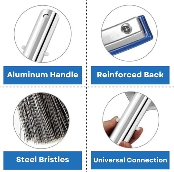 Aquatix Pro Pool Brush Head, Stainless Steel Bristles, Reinforced Aluminum Back