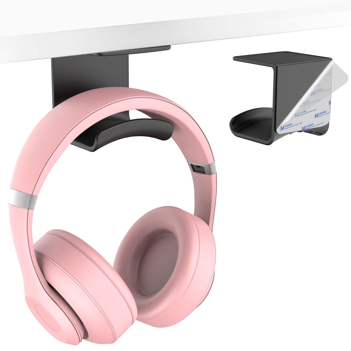 HomeMount Headphone Hook Under Desk - Headphone Holder Under Table, Adhesive Gaming Headphone Stand Hanger Desk Mount for Most Headphone（Black）