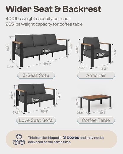 Aluminum Outdoor Patio Furniture Set with Coffee Table, 4 Piece Patio Conversation Sets with Washable Thick Cushions, Outdoor Sectional Furniture Set for Porch, Balcony, Deck, Graphite