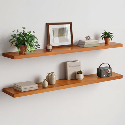 Homeforia Floating 60 inch Oak Shelves, High End Solid Real Wood 60inch Floating Shelf for Wall Mounted, Honey Oak Wooden 60in Large Floating Shelves, Heavy Duty Bracket, 60 X 6.5 X 1.75 in, Set of 2