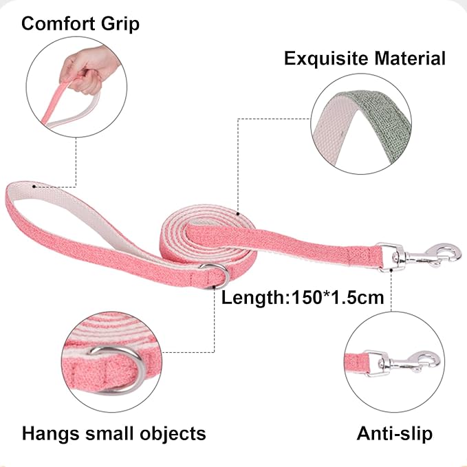 Cotton Hemp Dog Collar with Leash, Soft Adjustable Dog Collars with Plastic Safety Buckle, Cute Heavy Duty Pet Collar for Small Medium Large Dogs