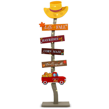 Lighted Wood Hello Fall Porch Sign,Fall Welcome Porch Decor,Autumn Maple Pumpkin Truck Sweater Weather Standing Wooden Signs for Harvest Thanksgiving Decor