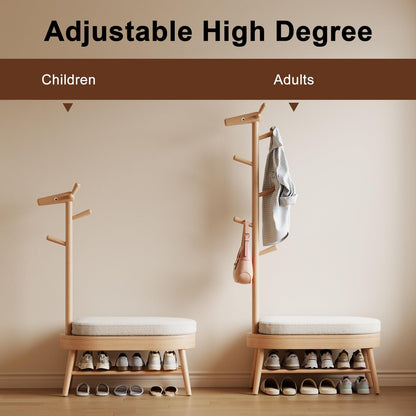 AQIMUELE Entryway Shoe Rack with Coat Rack, Wooden Shoe Bench with Upholstered Cushion, 3-in-1, 2-Tier Shoe Storage and Cute Animal Hooks for Entryway, Hallway, Closet (Natural 32.2")