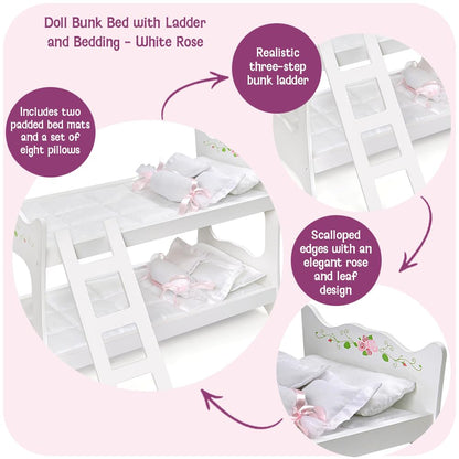 Badger Basket Doll Bunk Bed with Ladder and Bedding – Stylish White & Rose Design for 18 to 20-Inch Dolls with Pillows and Blankets