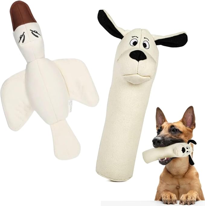 Durable Tough Cotton Canvas Squeaky Dog Toys, Eco-Friendly Interactive 2-Pack Chew Toy Set for Small, Medium & Large Dogs, Ducky & Dawgy (White)